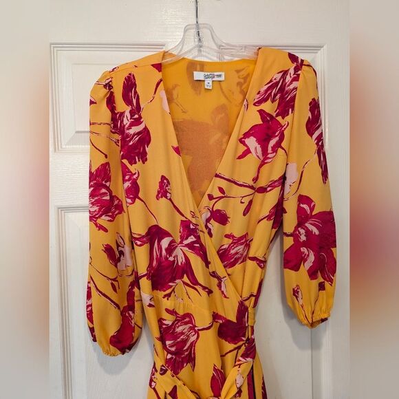 Color Me Courtney Eleanor Wrap yellow maxi belted Dress Floral Long Sleeves M - Picture 6 of 11